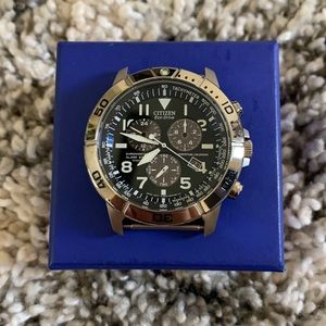 Citizen Eco drive chronograph watch with black face. Missing straps.